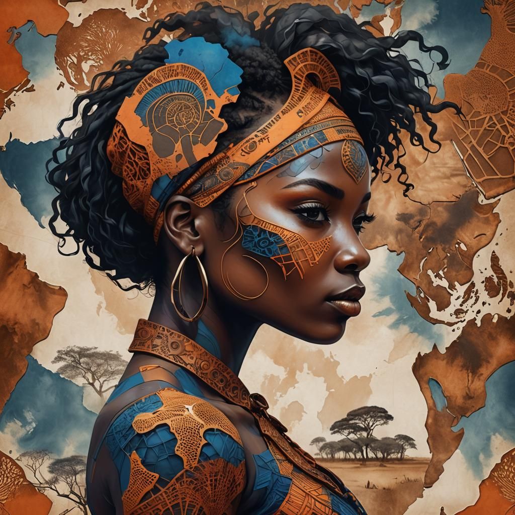 African Woman Safari Map in Charcoal Art