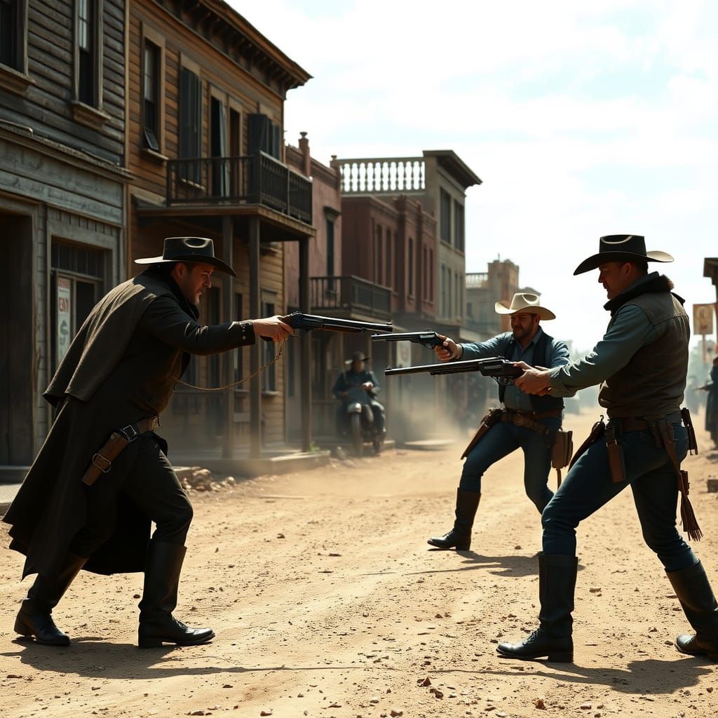 Gun Slingers facing off in the middle of a dirt street in th...