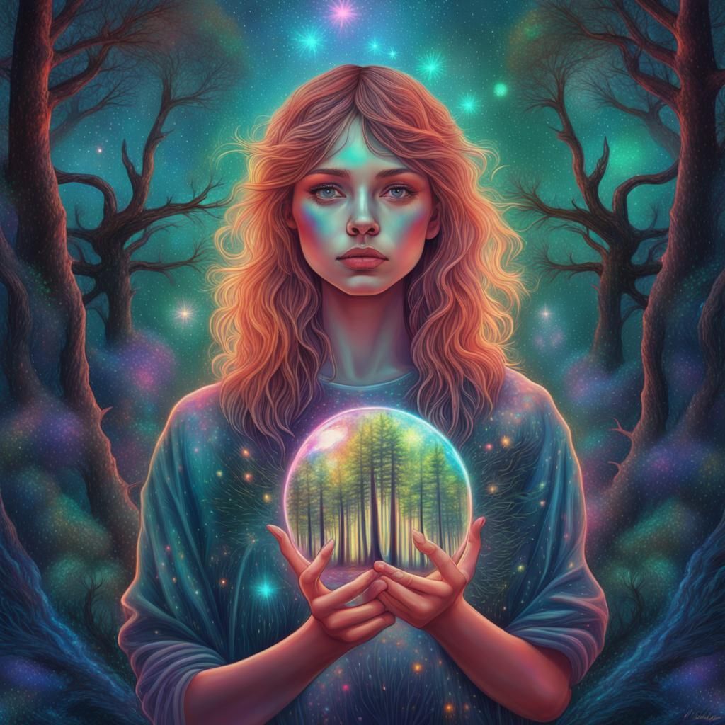 Girl Holding Forest: Holographic Astral Illustration