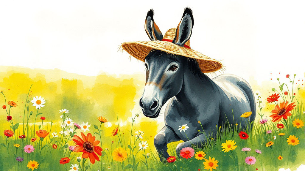 Donkey in Straw Hat, Impressionist Watercolor Style