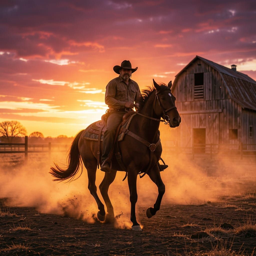 Rugged Cowboy Rides Horse at Sunset on Dusty Ranch