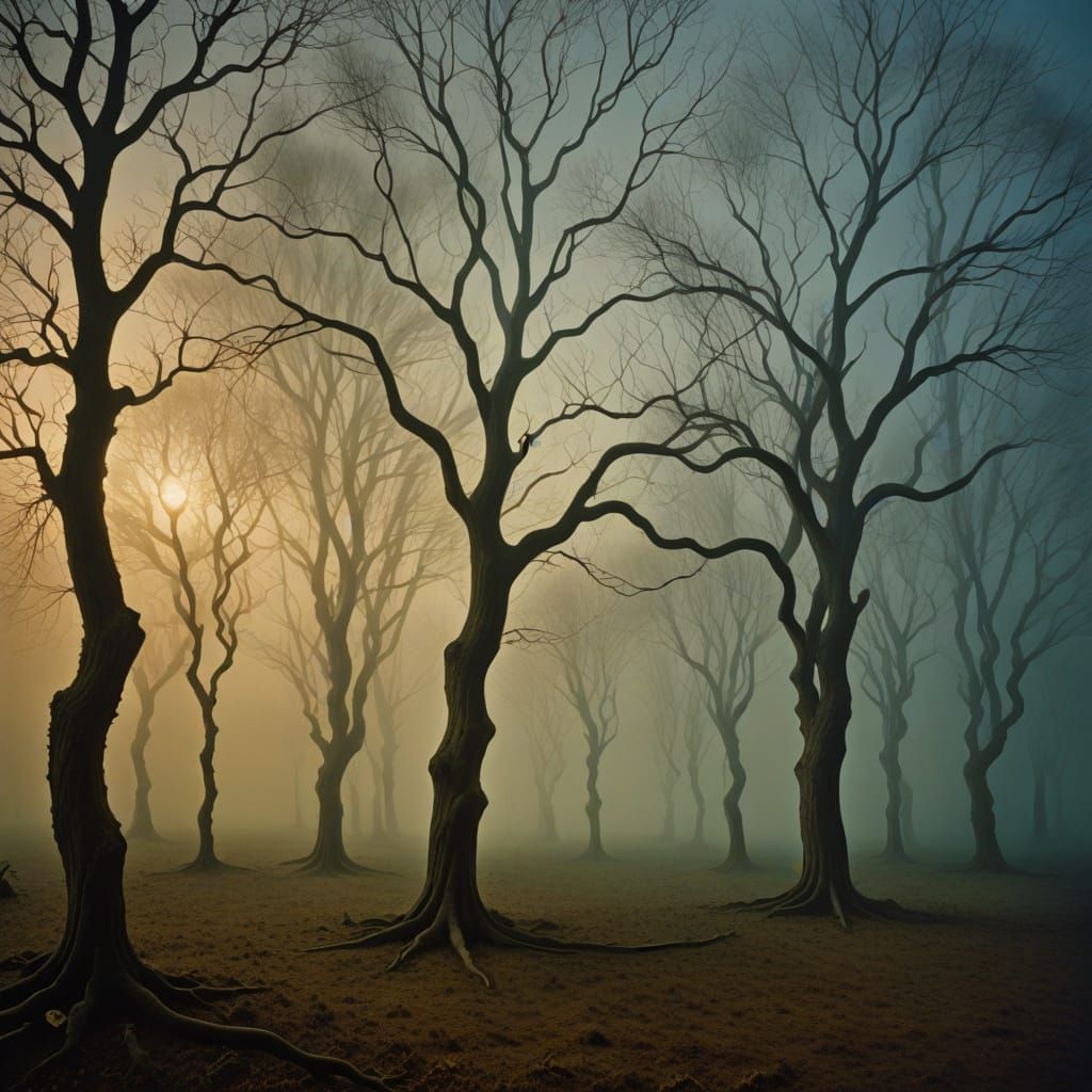 Surreal Foggy Forest with Eerie Faces and Twisted Trees