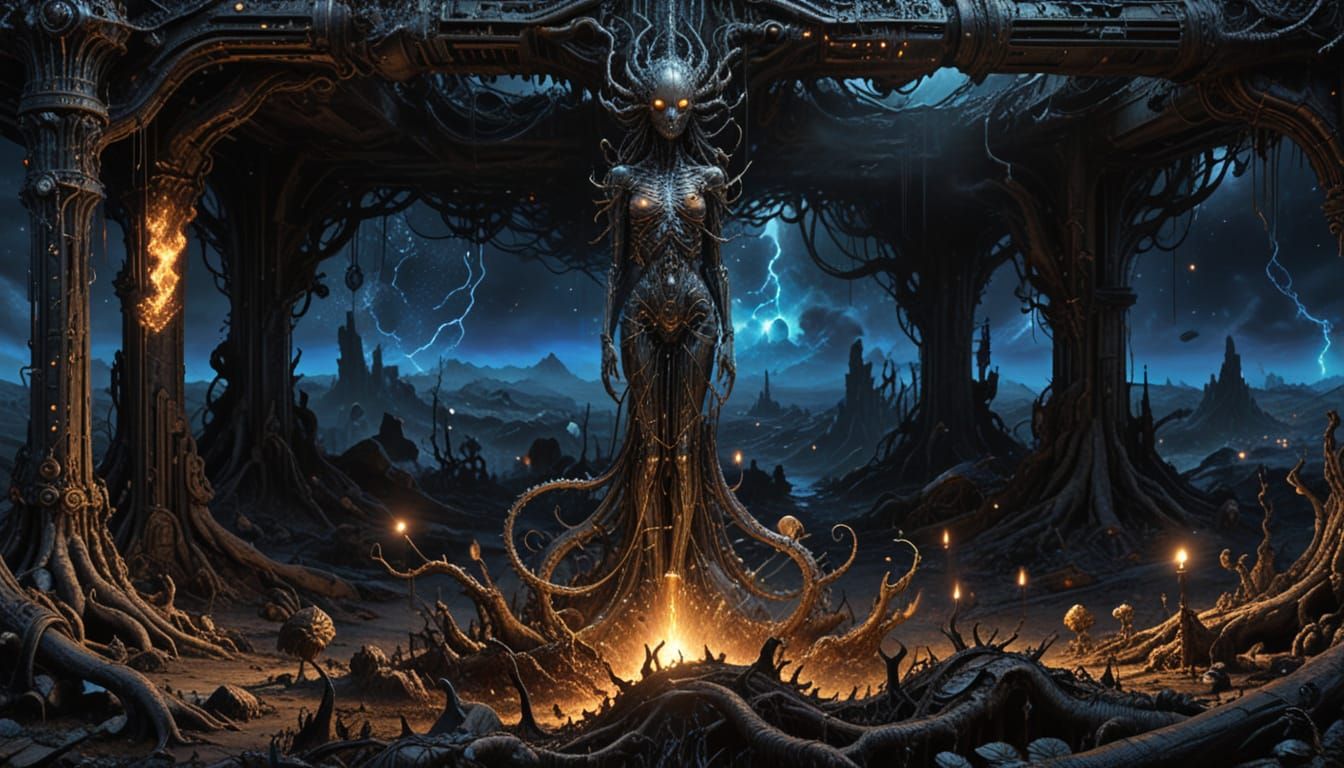 Mysterious Wild Woman in Forest by Ancient Oak