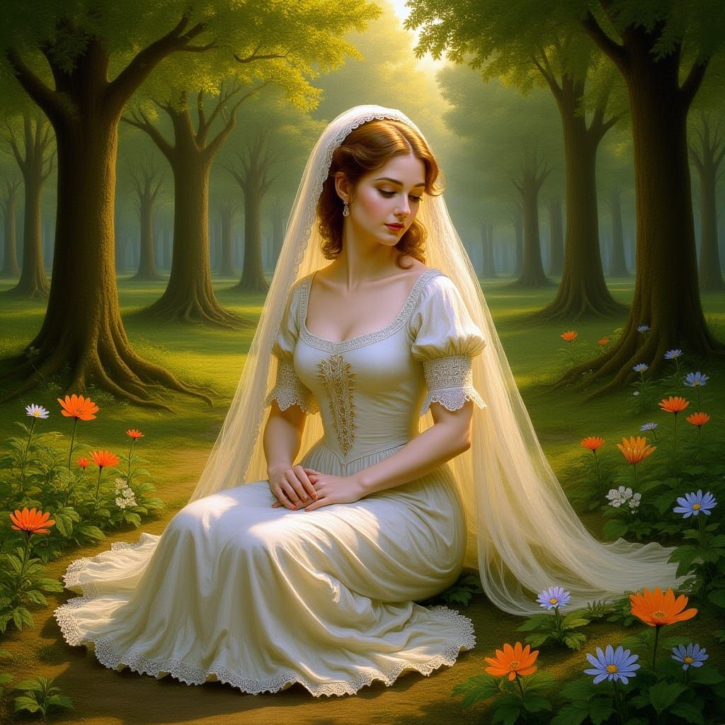 Serene Woman in Forest, Art Nouveau Style