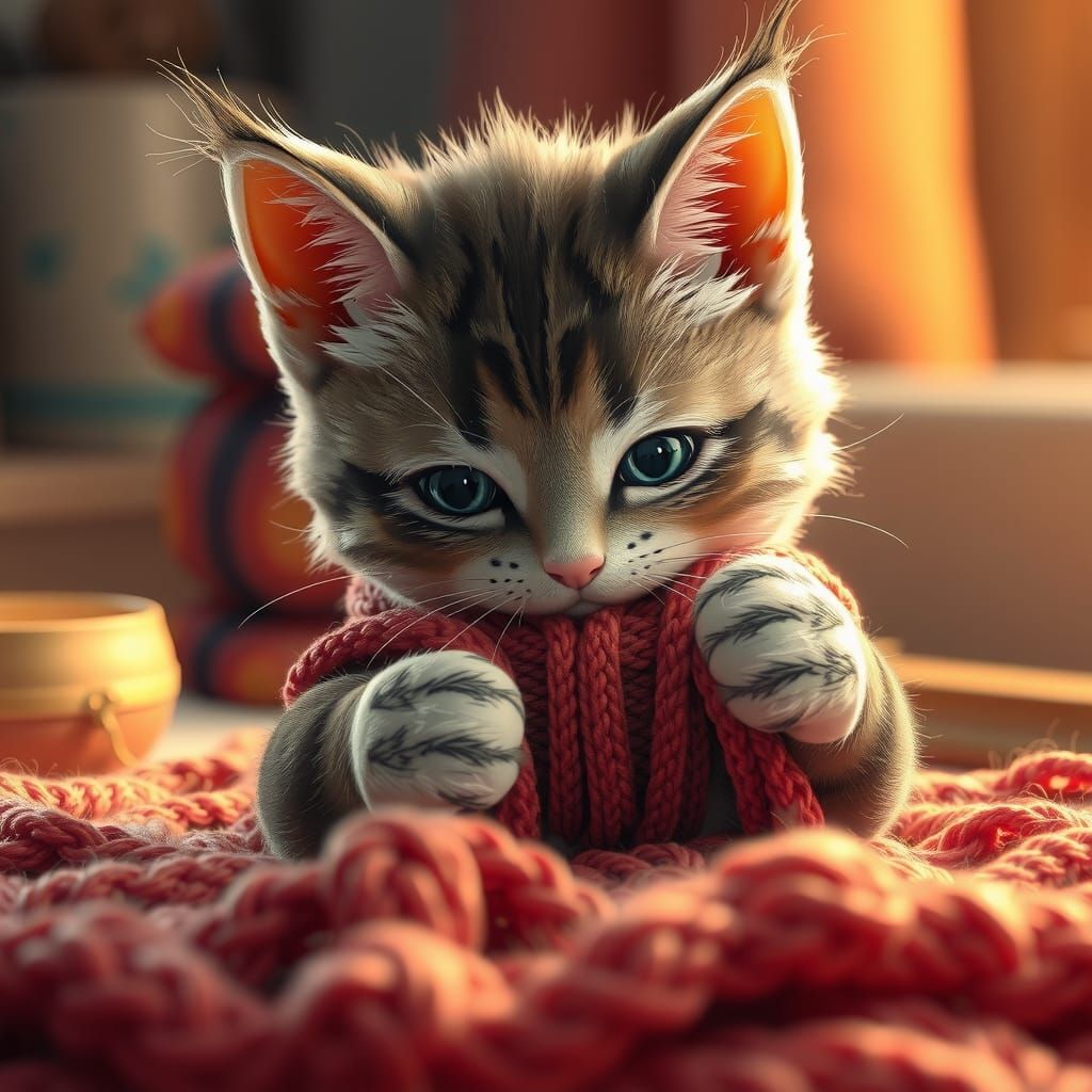 Anime Kitty Knitting in 3D Detail