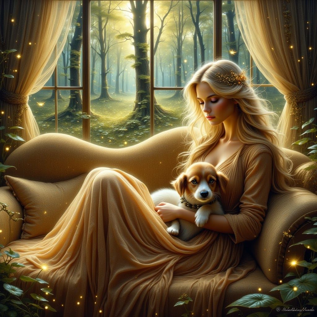 Woman Holds Dog in Cozy Room with Fantasy Landscape