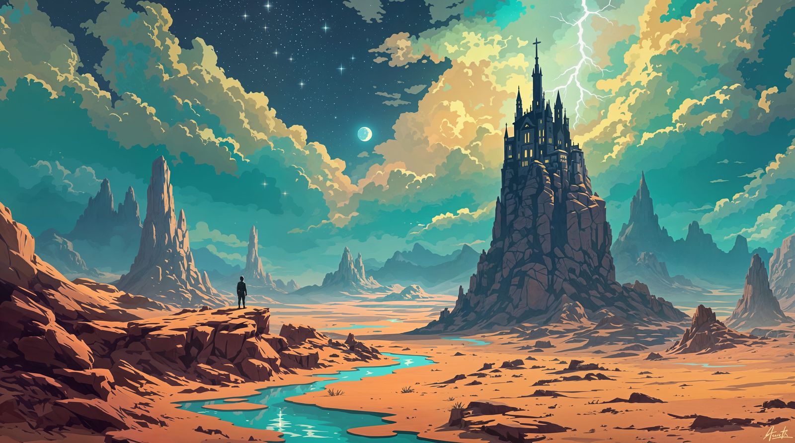 Ethereal Alien Shores with Gothic Spires in Impressionistic ...