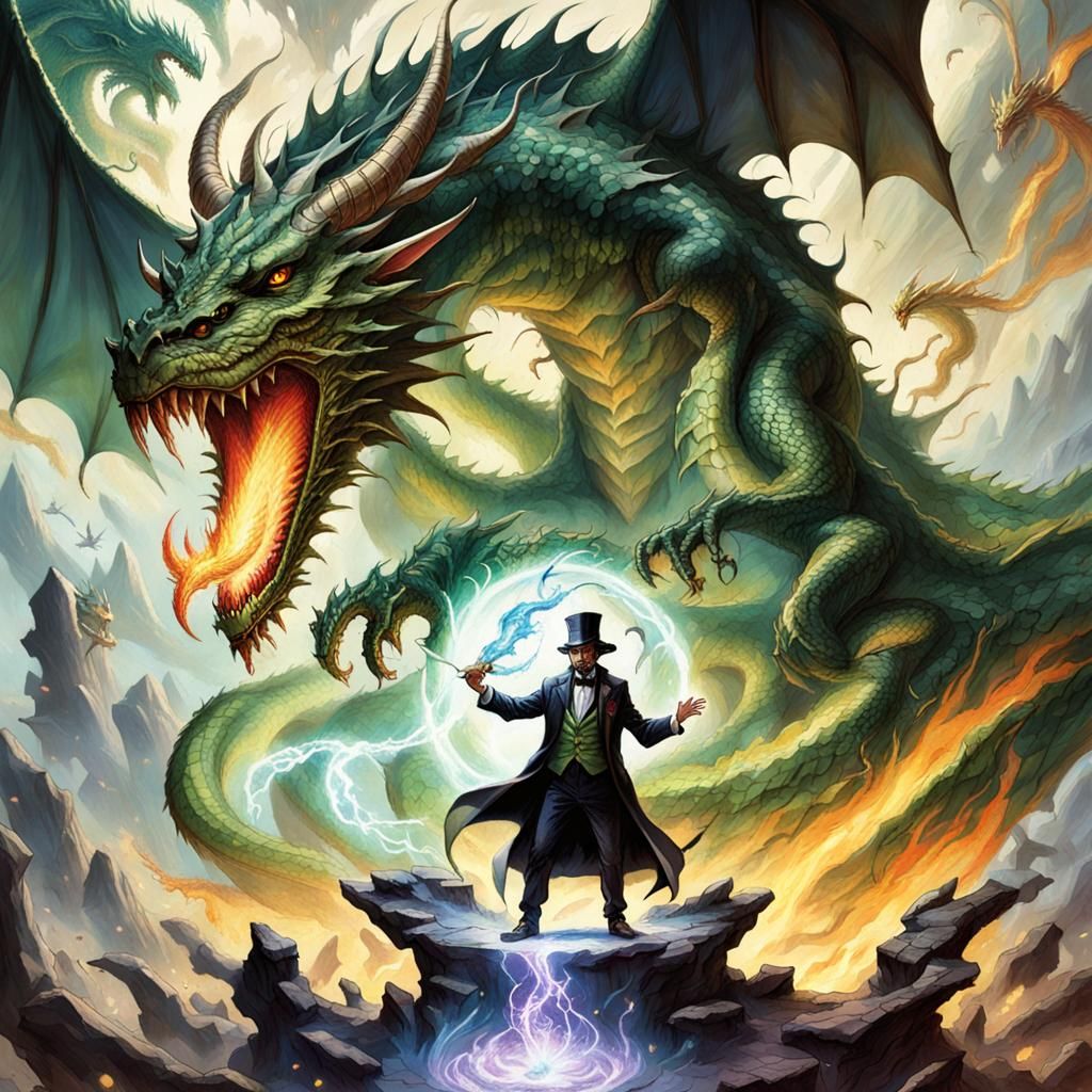 Magician Summons a Dragon in Comic Book Style