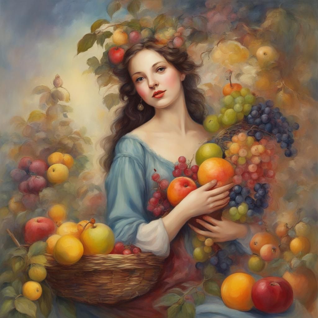 Woman with Cornucopia: A Surreal Fruit Abundance