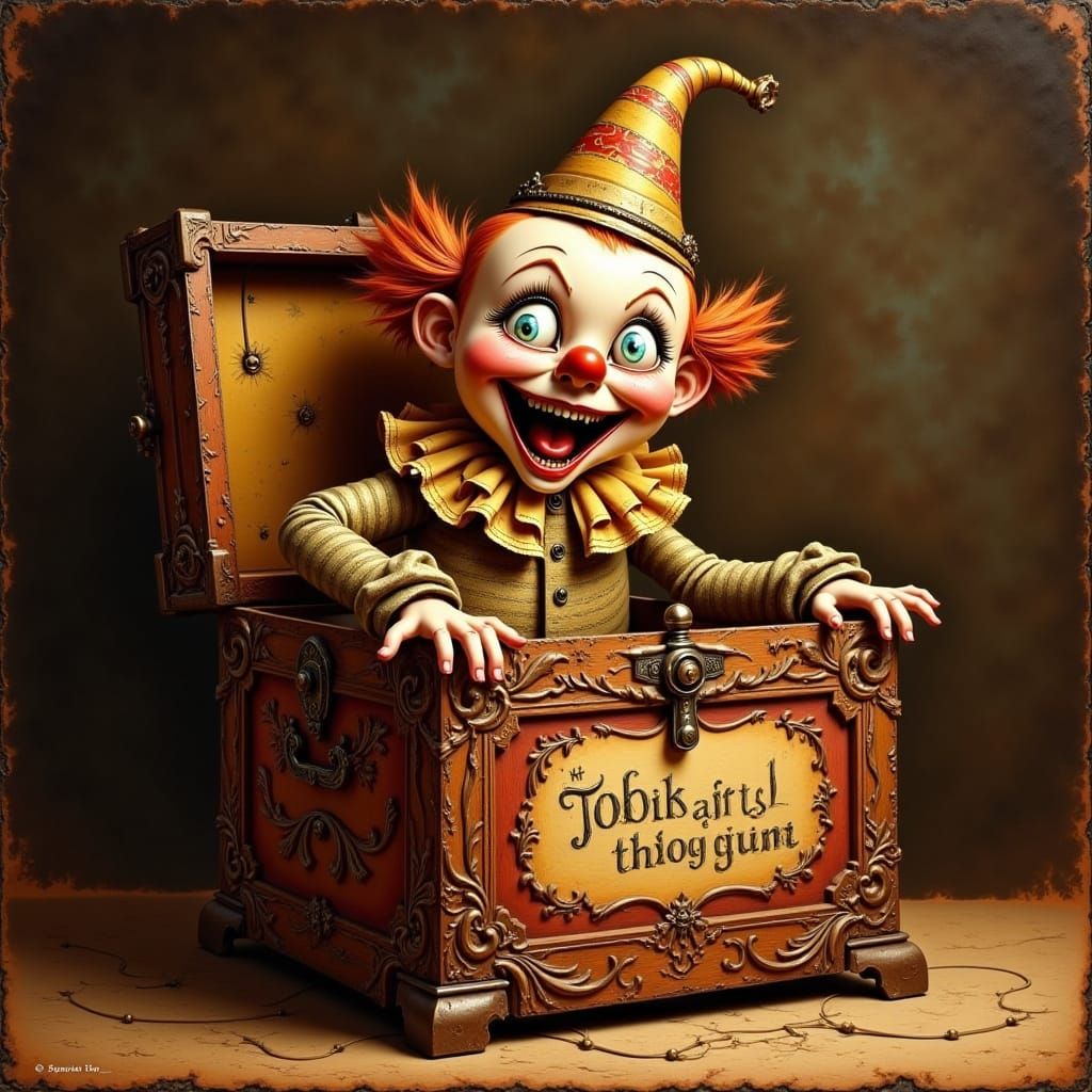 Vintage Jack-in-the-Box Clown in Golden Oil Painting