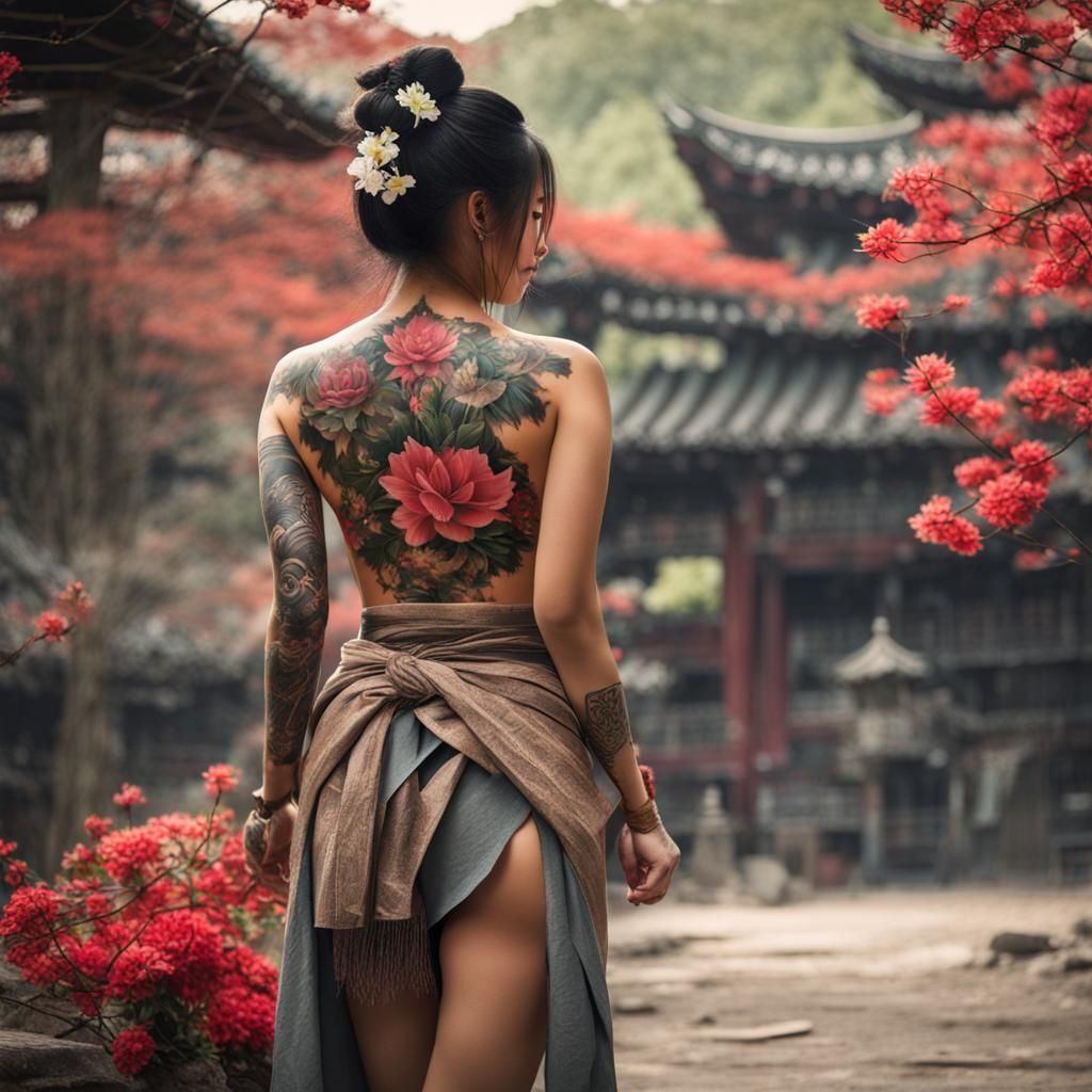 Gorgeous Tattooed Samurai Woman in Steamy Onsen
