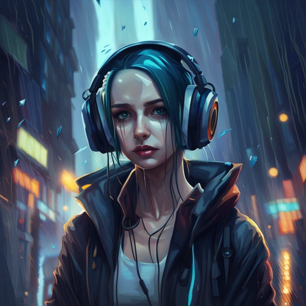 Alt Girl in Rainy Futuristic Cityscape