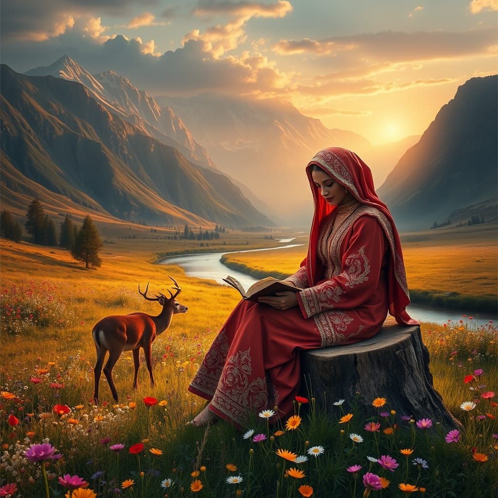 Elegant Woman in Vibrant Meadow, Inspired by Fantasy and His...