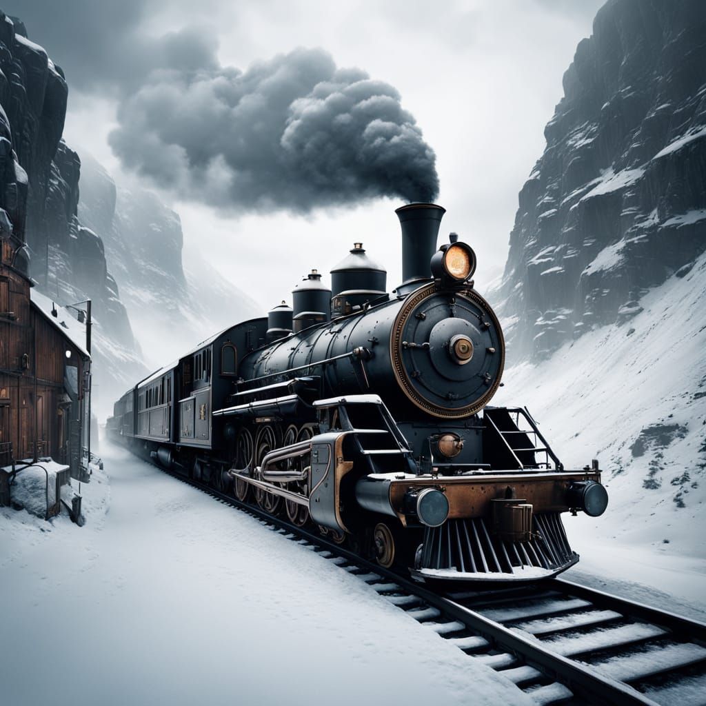Steampunk Train Emerges from Snowy Mountain Tunnel