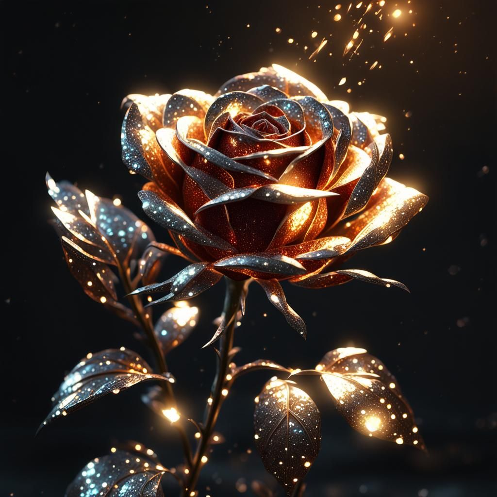 Epic Metal Rose with Fairy Gems and Fireflies