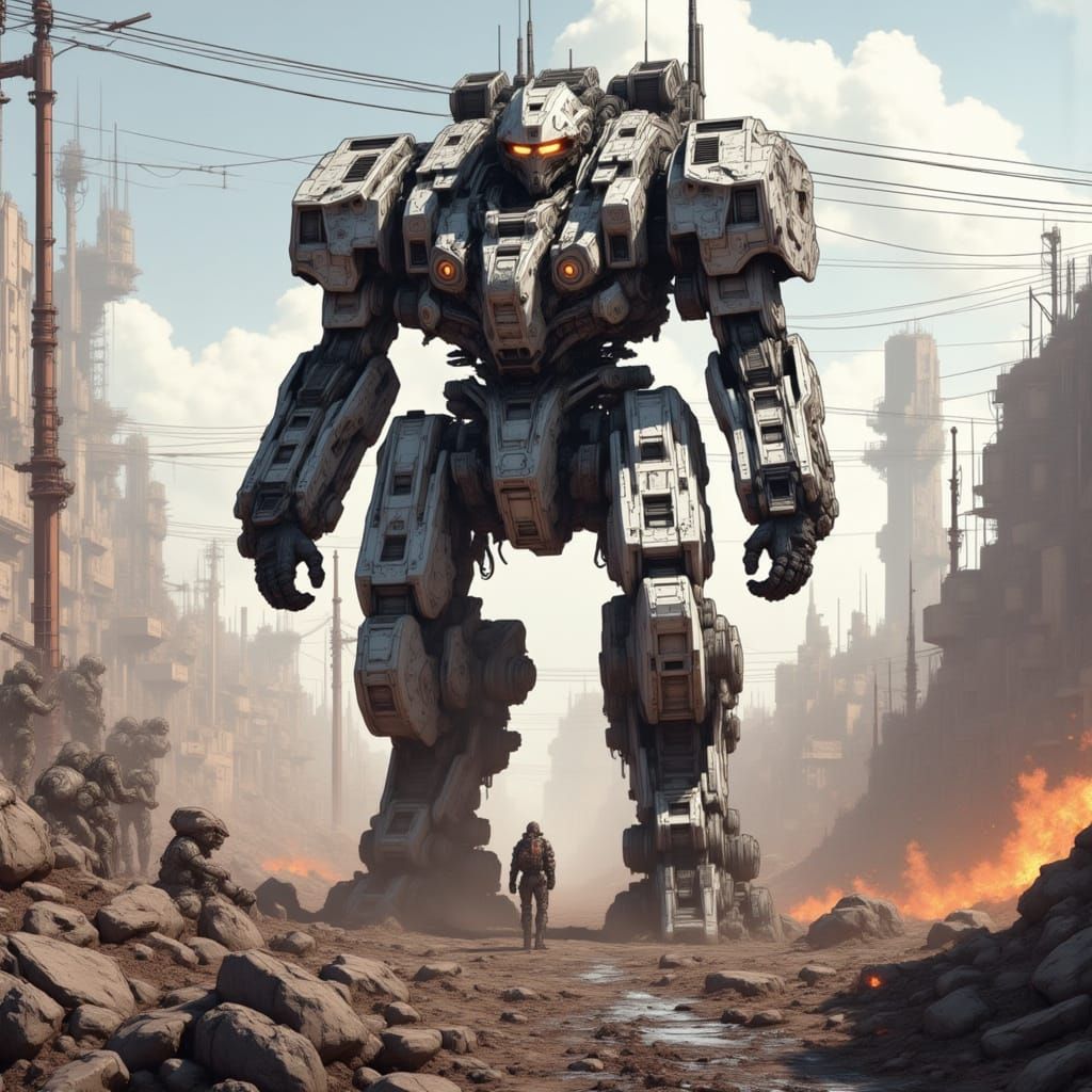 Cyberpunk Soldier in Power Armor on Battlefield