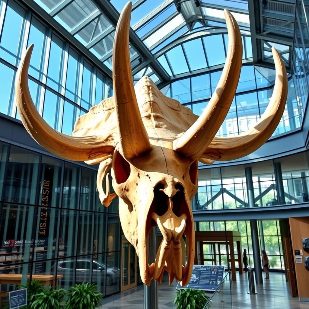 Majestic Ceratopsian Skull on Display in a Modern Museum Atr...