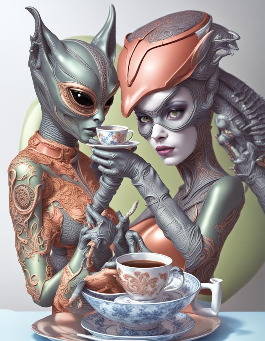 Catwoman and Alien Enjoying Tea in 3D