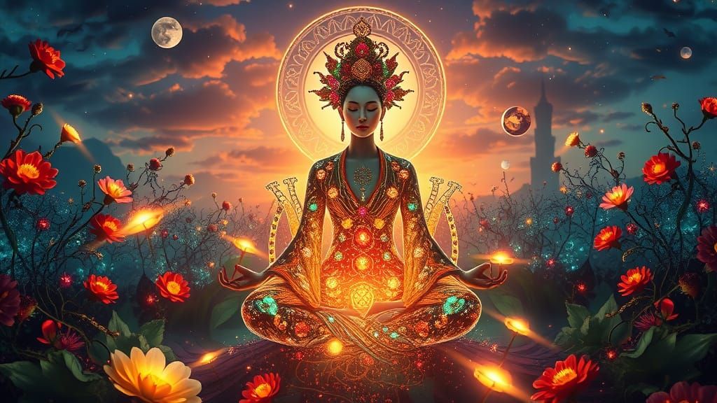 Dreamlike Geisha Meditating in an Ethereal Sunset Labyrinth