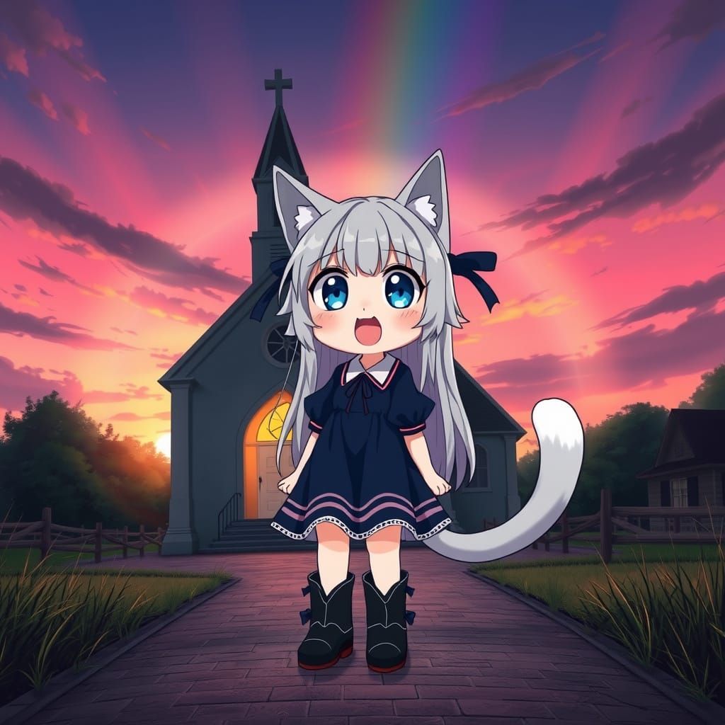 Anime Catgirl in Synthwave Sunset with Rainbow