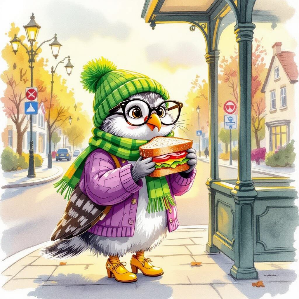 Owl in Hat and Glasses Eats Sandwich at Bus Stop