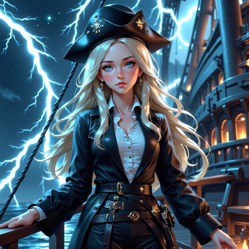 Ethereal Pirate Woman in Stormy Seas