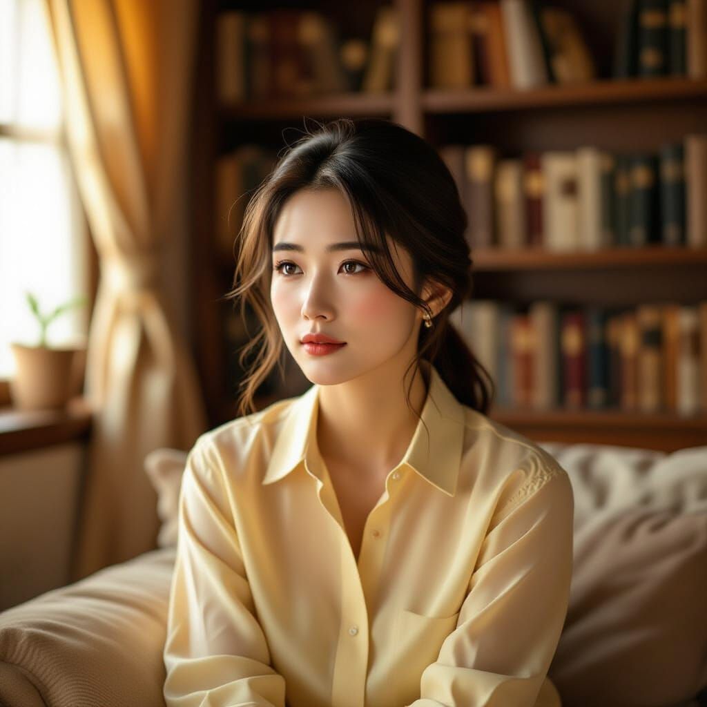 Contemplative Chinese Woman in Cozy, Golden Light