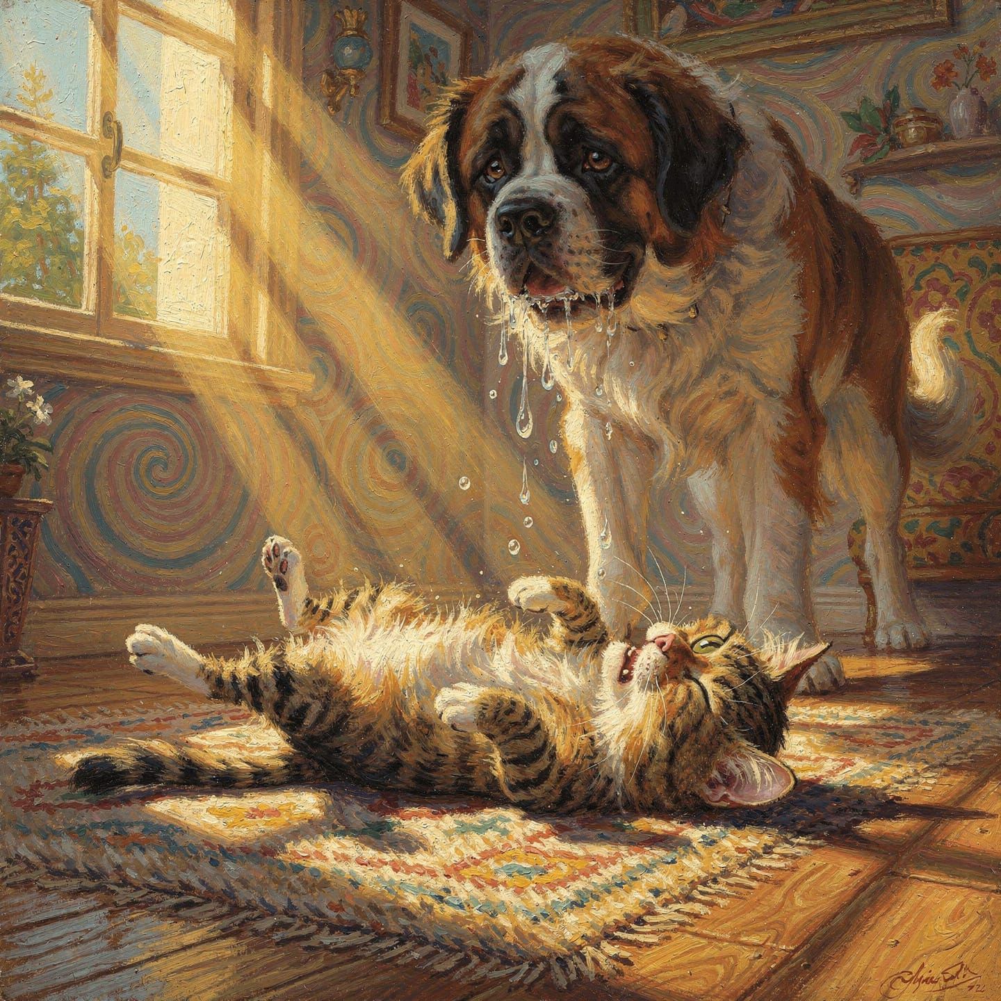 Dreamlike Cat Encounters Gentle Giant St. Bernard