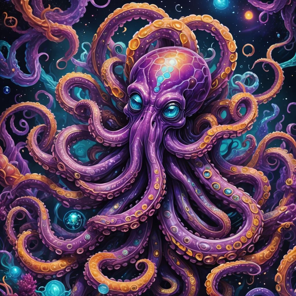 Smiling Cosmic Kraken in Vibrant Astral Illustration