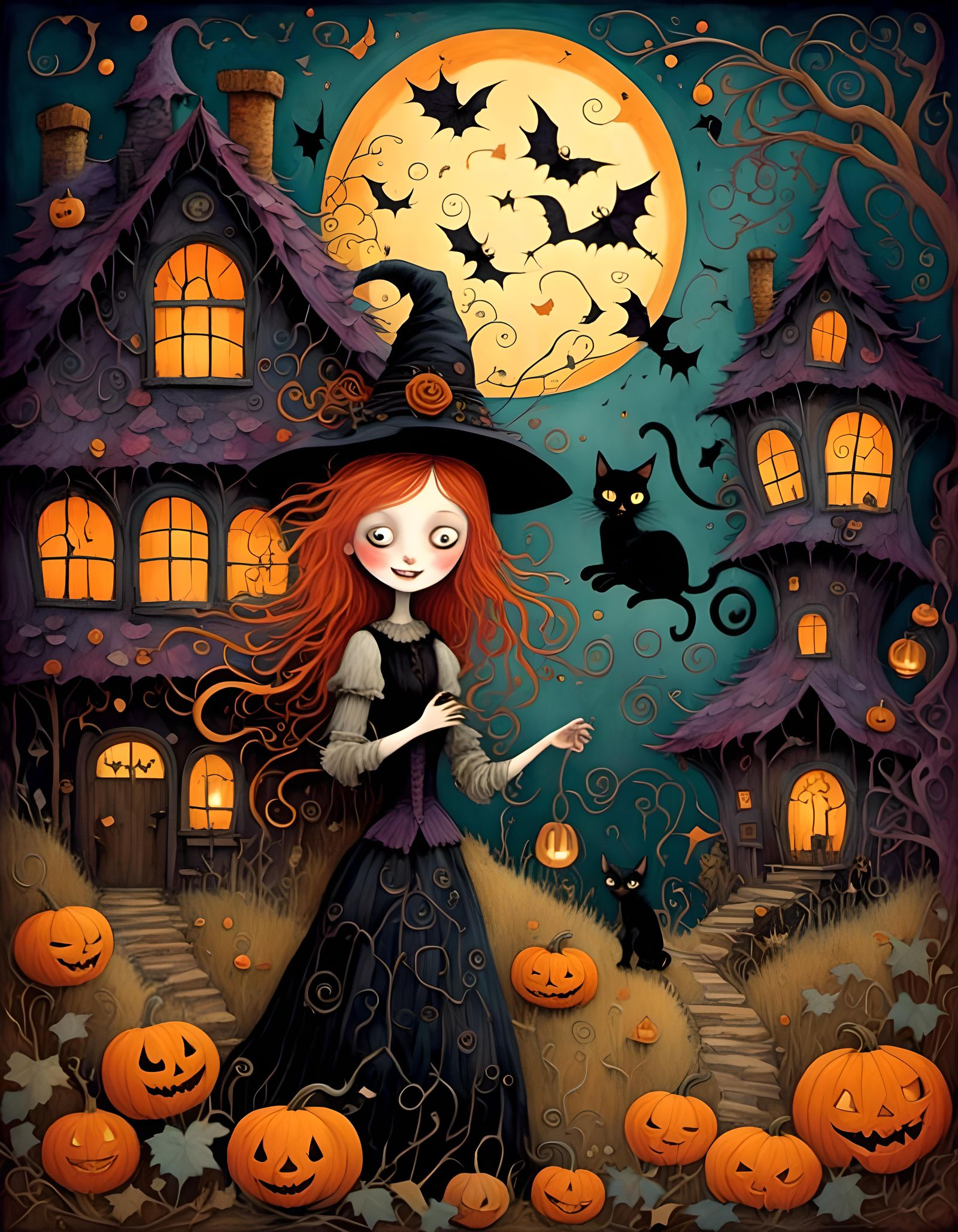 Whimsical Witch and Cat with Jack O' Lantern