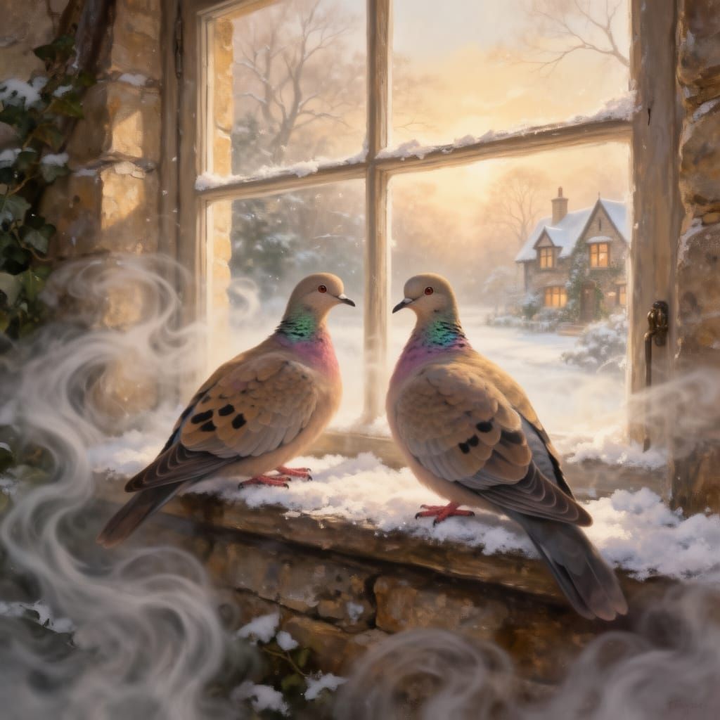 Two Turtle Doves on Snowy Cottage Sill
