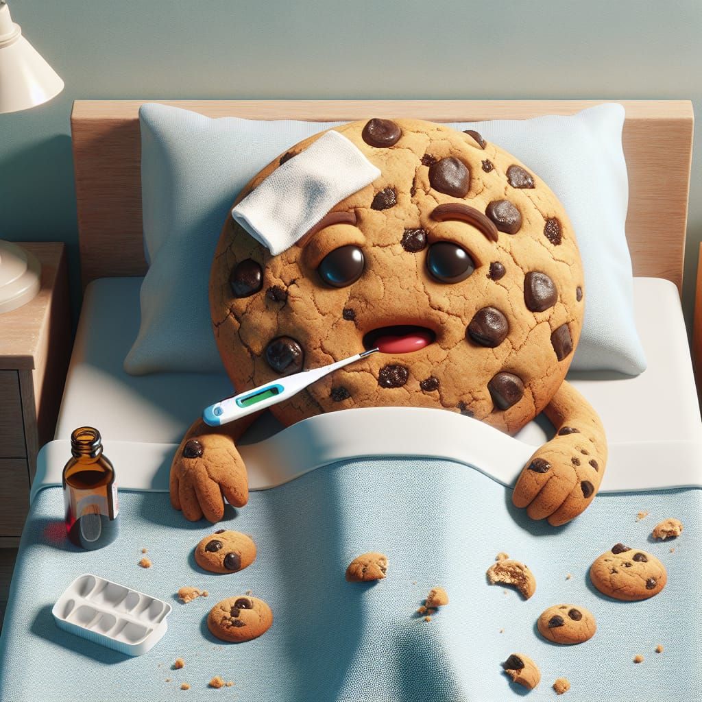 Sick Cookie Character in Bed: Hyper-Realistic Image