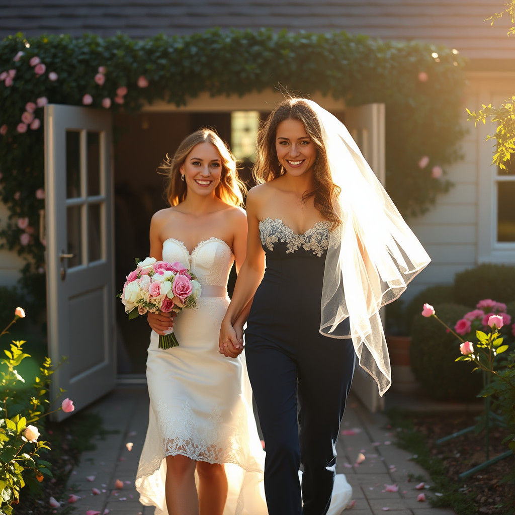 Newlyweds Depart in Golden Sunlight, Illustrative Style