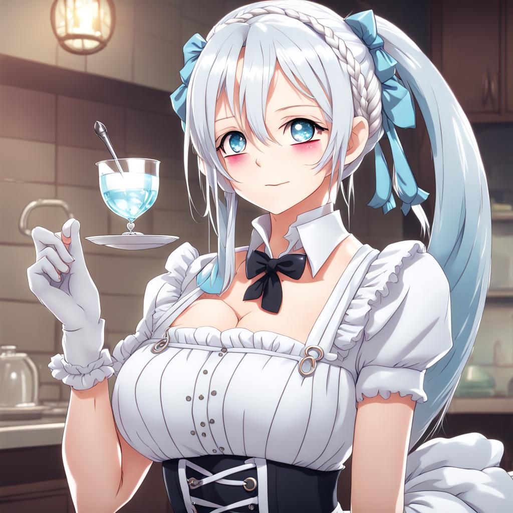 Anime Maid with Platinum Hair and Blue Eyes