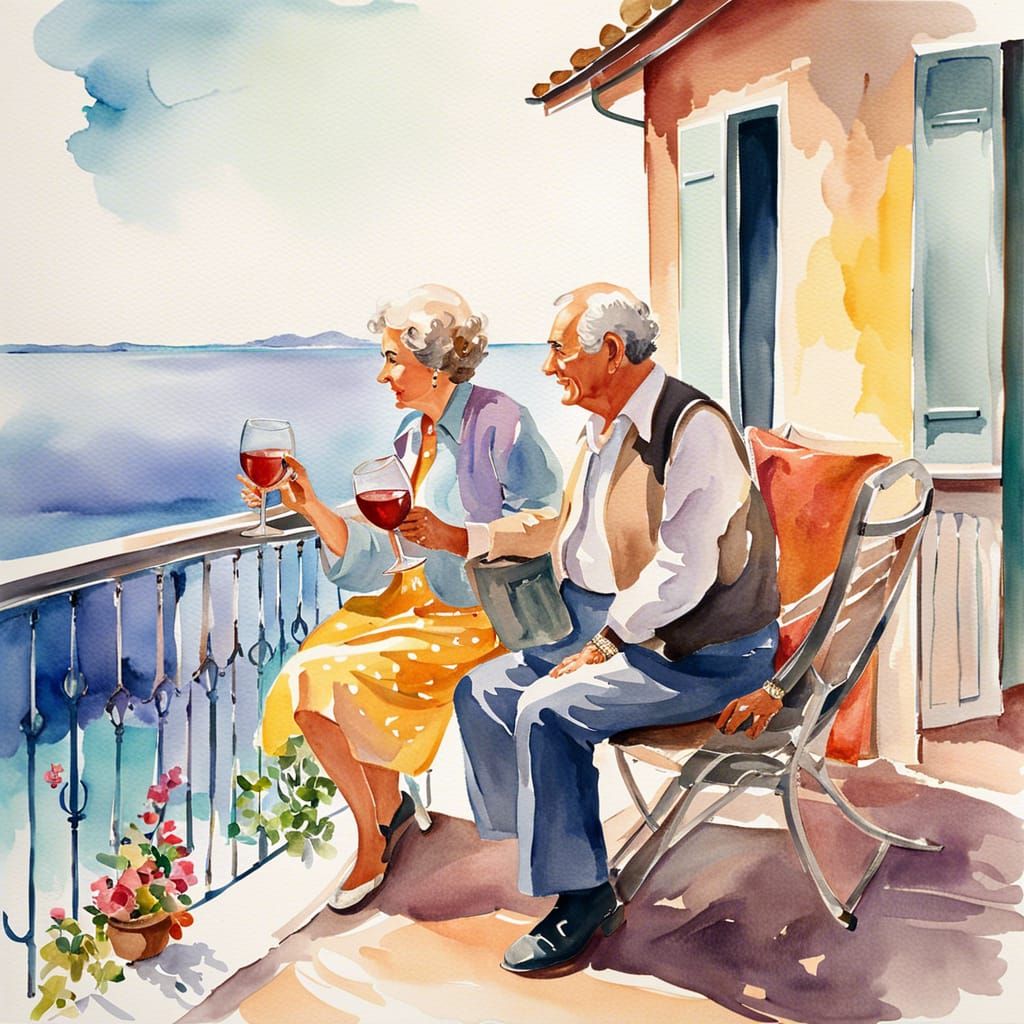 Nostalgic Watercolor of Elderly Couple on Balcony