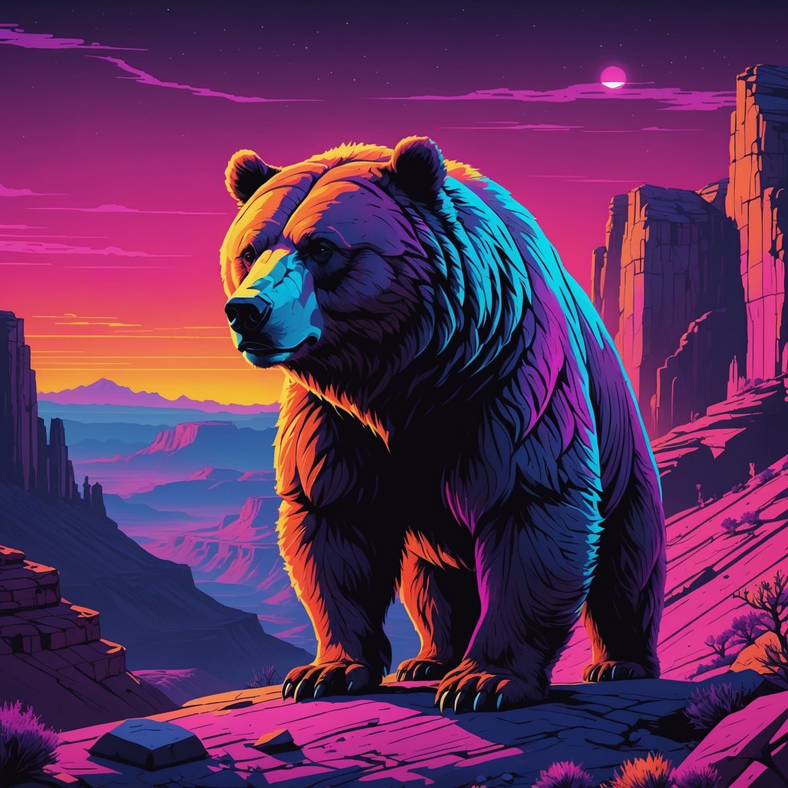 Canyon Bear in Synthwave Neon Retro Style
