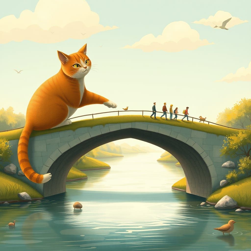 Giant Cat Bridge Over Serene River