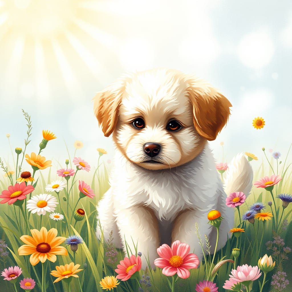 Fluffy Puppy in Meadow: Whimsical Watercolor Art