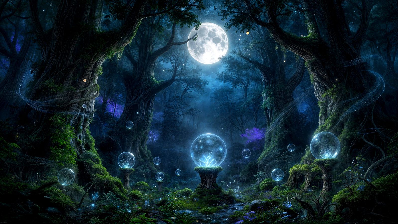 Magical Glade with Moonlight Orbs Digital Painting