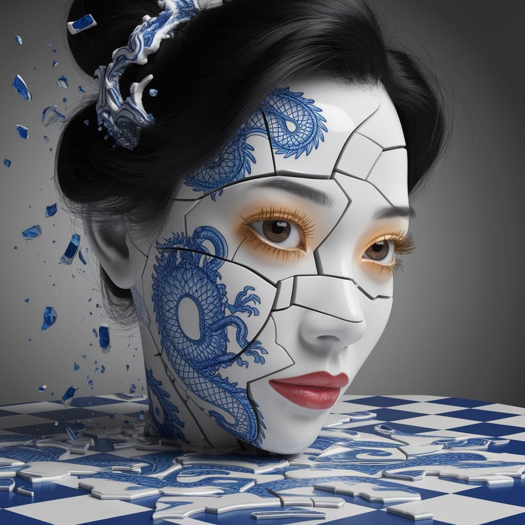 Shattering Porcelain: Surreal Fusion of Art and Reality