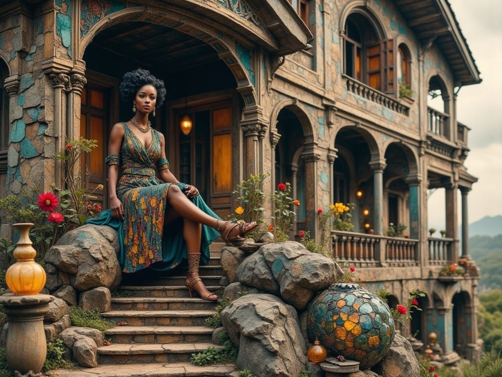 Elegant Black Woman in Surreal Mosaic House