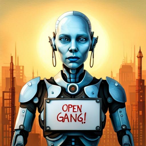 Female Android Robot Holding Sign in Photorealistic Style