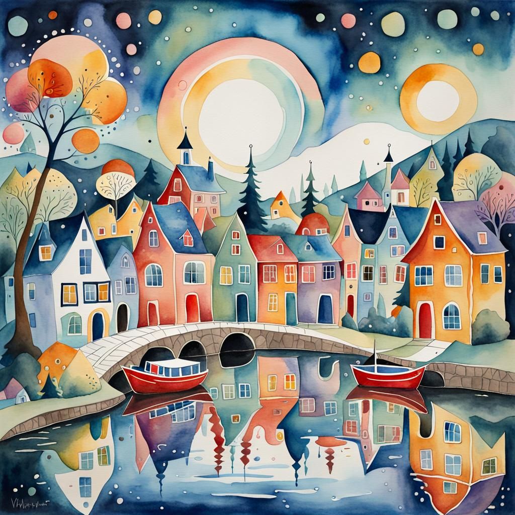 Whimsical Village Street Watercolor Painting