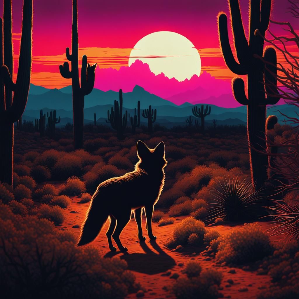 Mutant Coyotes Roam Desert Night: Cyberpunk Film Still