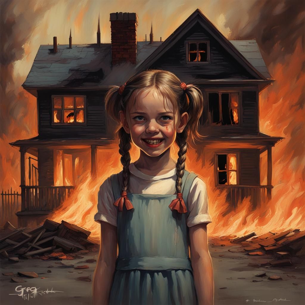 Sinister Girl in Pigtails by Burning House
