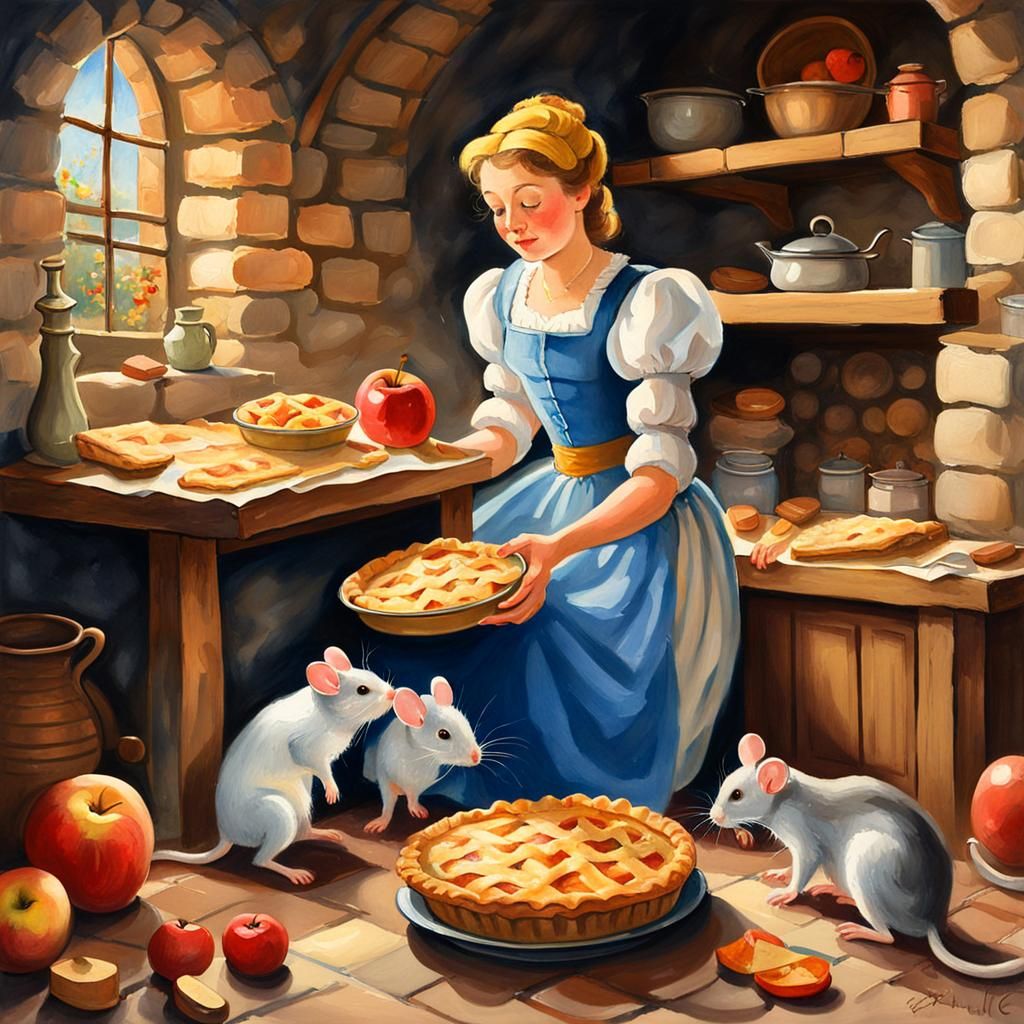 Cinderella Bakes Apple Pie: Gouache Watercolor Painting