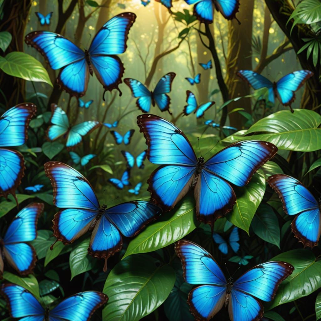 Vibrant Blue Morpho Butterflies in Rainforest Digital Art