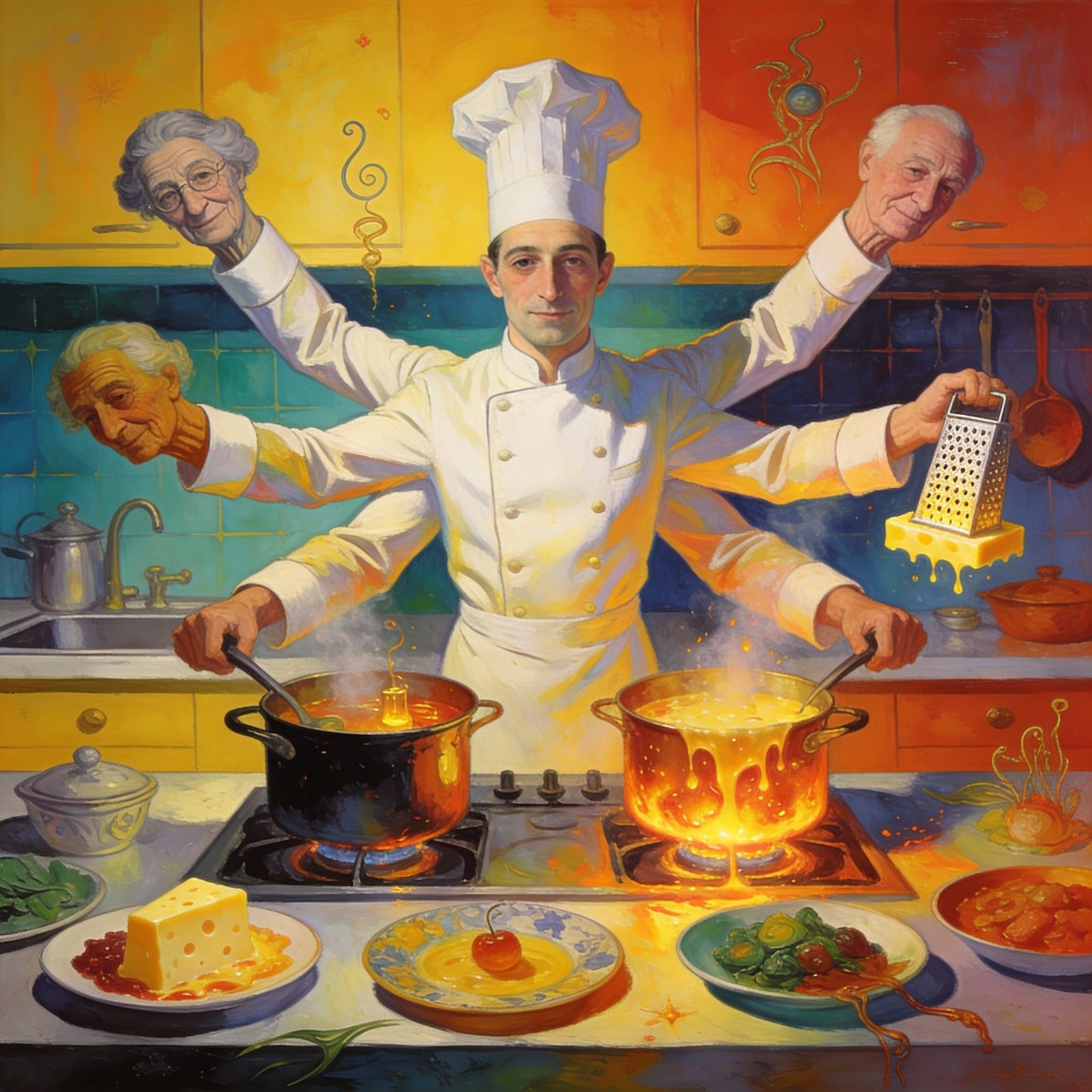 Surreal Kitchen with Multi-Armed Chef Simmering Nostalgia