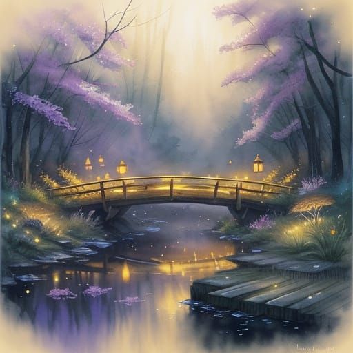 Enchanted Woodland Bridge in Watercolor Style
