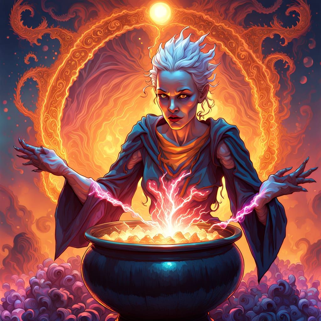 Surreal Fantasy Witch Stirs Cauldron with Twisted Fingers